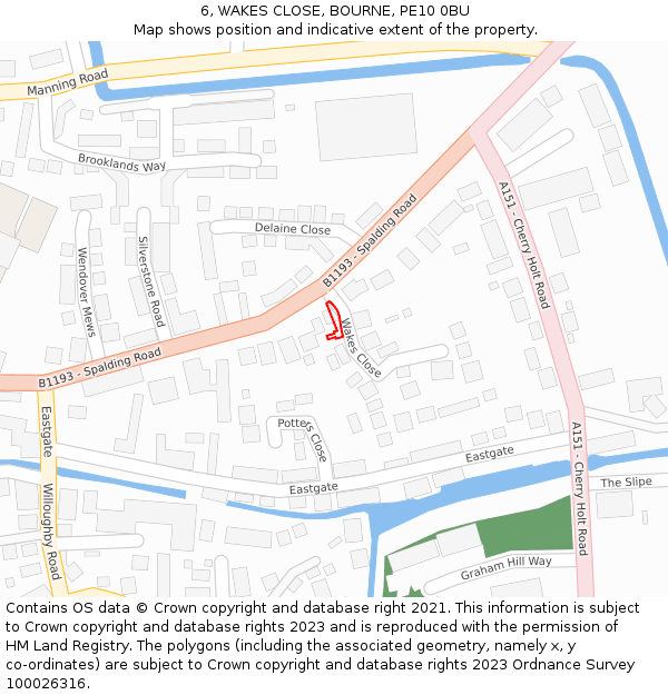 6, WAKES CLOSE, BOURNE, PE10 0BU: Location map and indicative extent of plot