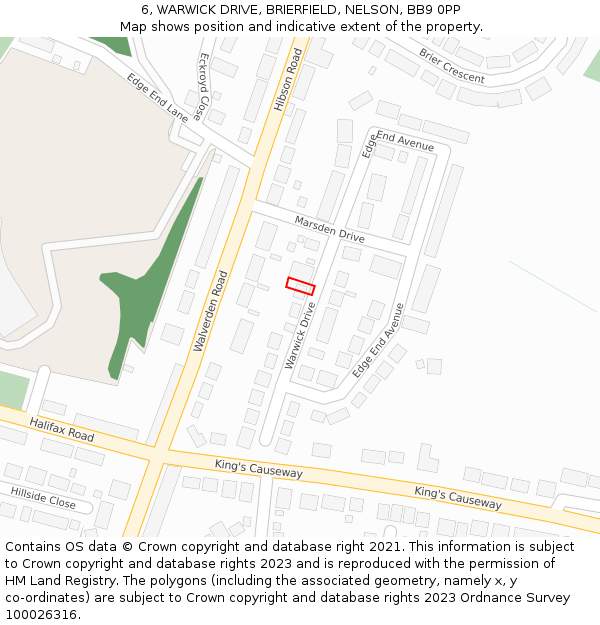 6, WARWICK DRIVE, BRIERFIELD, NELSON, BB9 0PP: Location map and indicative extent of plot