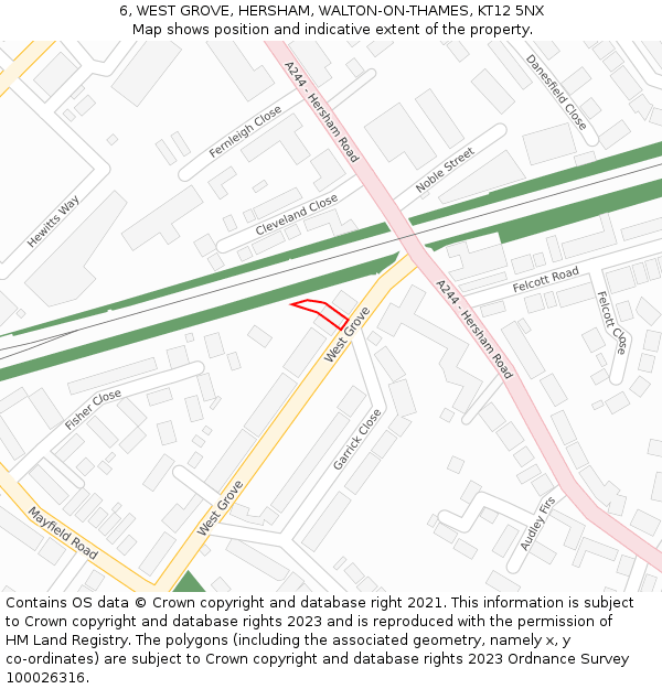 6, WEST GROVE, HERSHAM, WALTON-ON-THAMES, KT12 5NX: Location map and indicative extent of plot