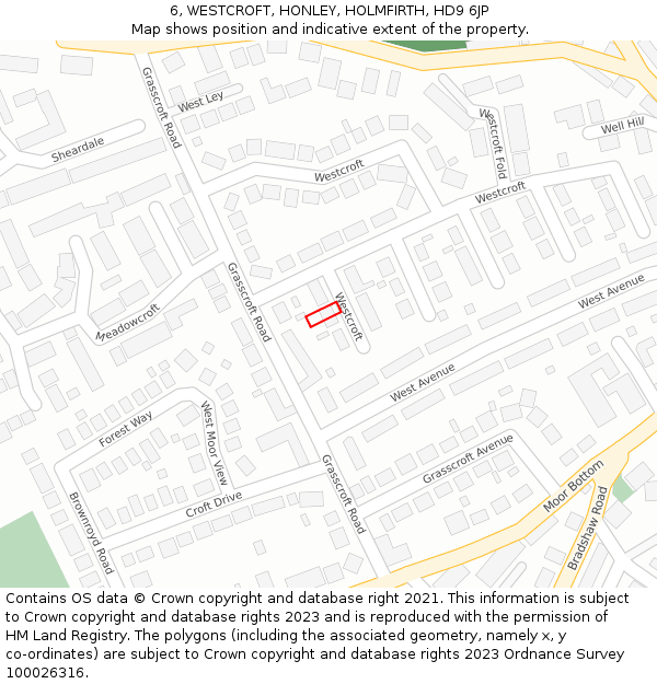 6, WESTCROFT, HONLEY, HOLMFIRTH, HD9 6JP: Location map and indicative extent of plot