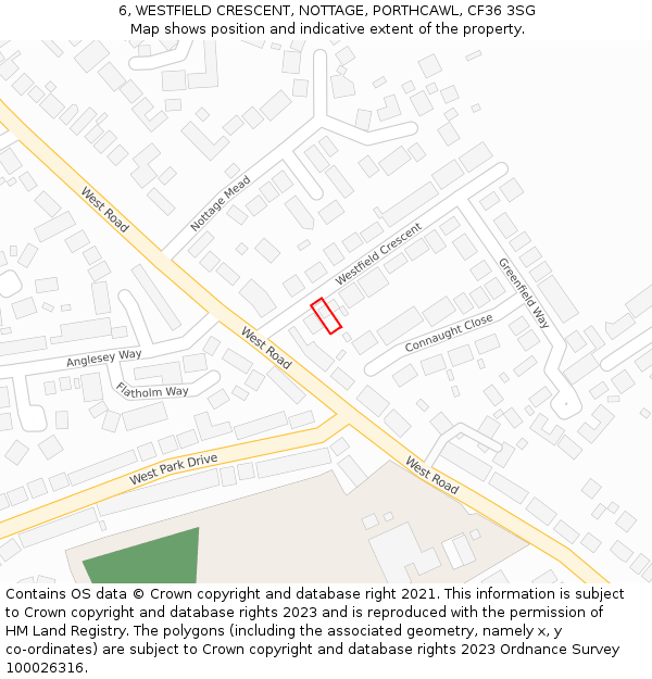 6, WESTFIELD CRESCENT, NOTTAGE, PORTHCAWL, CF36 3SG: Location map and indicative extent of plot
