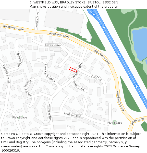 6, WESTFIELD WAY, BRADLEY STOKE, BRISTOL, BS32 0EN: Location map and indicative extent of plot