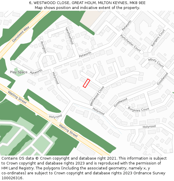 6, WESTWOOD CLOSE, GREAT HOLM, MILTON KEYNES, MK8 9EE: Location map and indicative extent of plot
