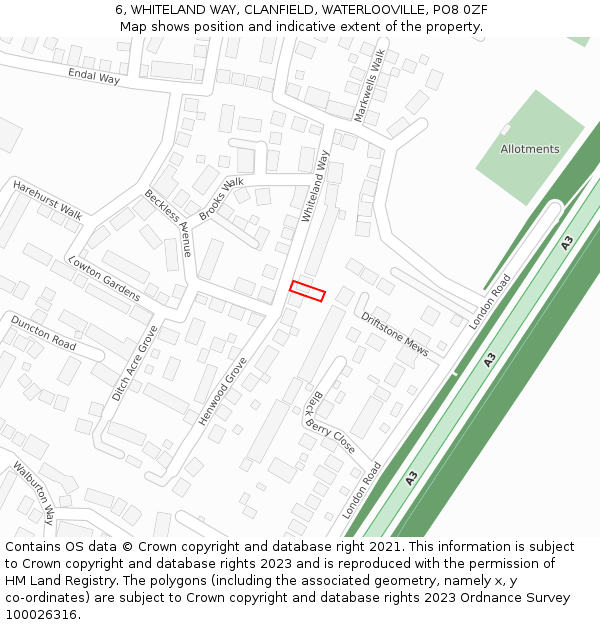 6, WHITELAND WAY, CLANFIELD, WATERLOOVILLE, PO8 0ZF: Location map and indicative extent of plot