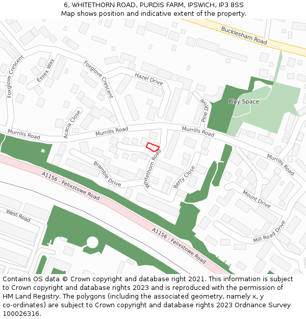 6, WHITETHORN ROAD, PURDIS FARM, IPSWICH, IP3 8SS: Location map and indicative extent of plot