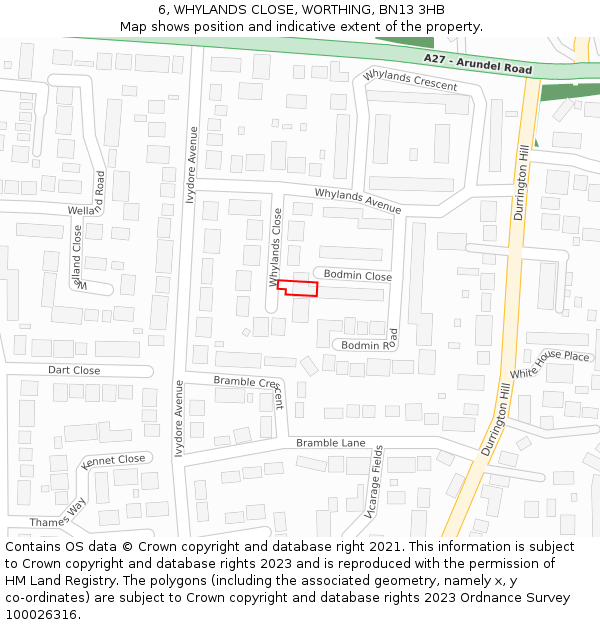 6, WHYLANDS CLOSE, WORTHING, BN13 3HB: Location map and indicative extent of plot