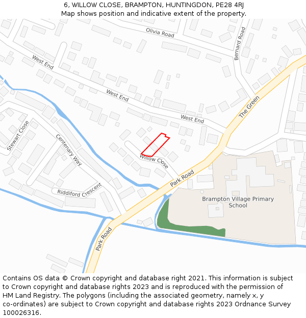 6, WILLOW CLOSE, BRAMPTON, HUNTINGDON, PE28 4RJ: Location map and indicative extent of plot