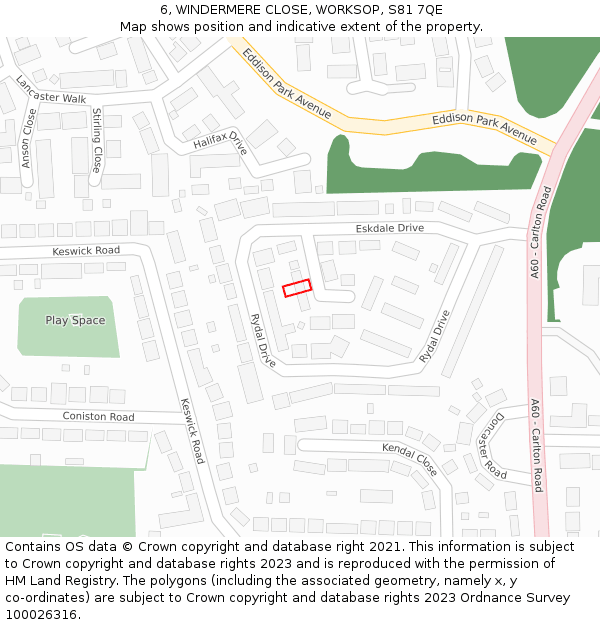 6, WINDERMERE CLOSE, WORKSOP, S81 7QE: Location map and indicative extent of plot