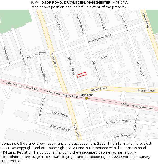 6, WINDSOR ROAD, DROYLSDEN, MANCHESTER, M43 6NA: Location map and indicative extent of plot