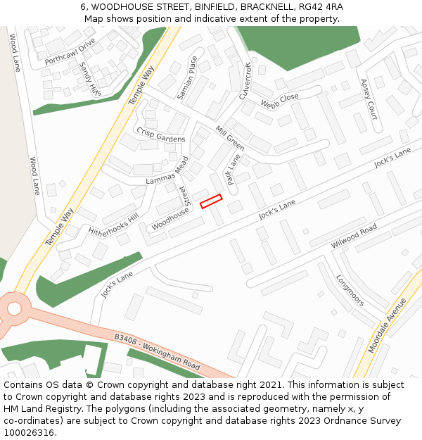 6, WOODHOUSE STREET, BINFIELD, BRACKNELL, RG42 4RA: Location map and indicative extent of plot