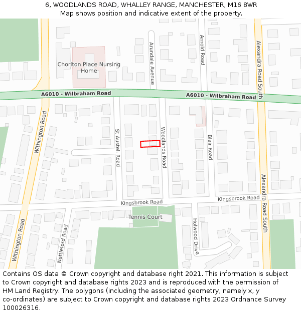 6, WOODLANDS ROAD, WHALLEY RANGE, MANCHESTER, M16 8WR: Location map and indicative extent of plot