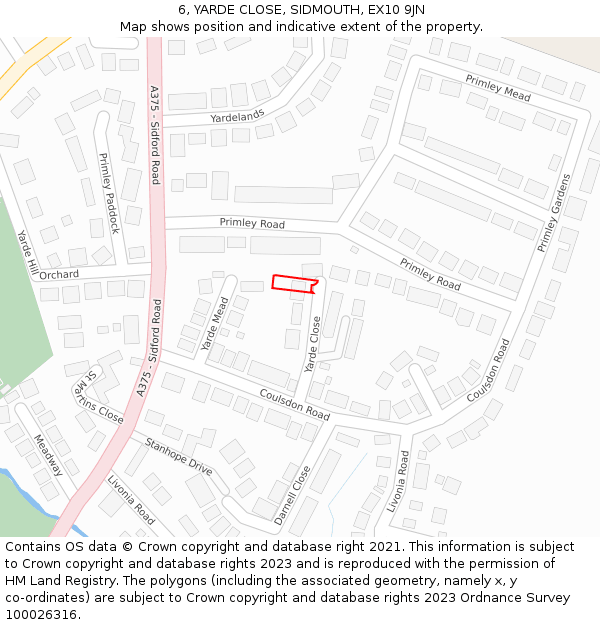 6, YARDE CLOSE, SIDMOUTH, EX10 9JN: Location map and indicative extent of plot
