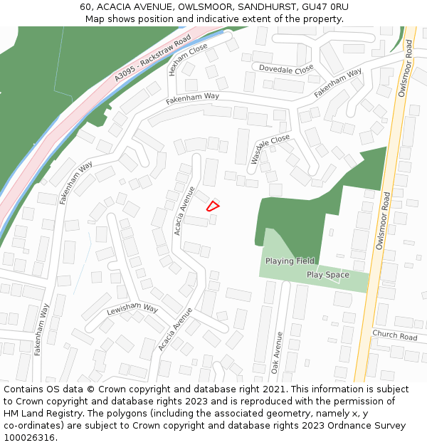 60, ACACIA AVENUE, OWLSMOOR, SANDHURST, GU47 0RU: Location map and indicative extent of plot