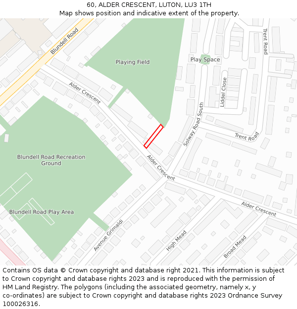 60, ALDER CRESCENT, LUTON, LU3 1TH: Location map and indicative extent of plot