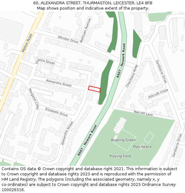 60, ALEXANDRA STREET, THURMASTON, LEICESTER, LE4 8FB: Location map and indicative extent of plot