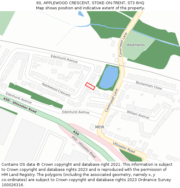 60, APPLEWOOD CRESCENT, STOKE-ON-TRENT, ST3 6HQ: Location map and indicative extent of plot
