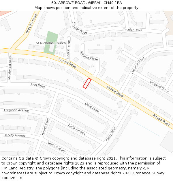 60, ARROWE ROAD, WIRRAL, CH49 1RA: Location map and indicative extent of plot