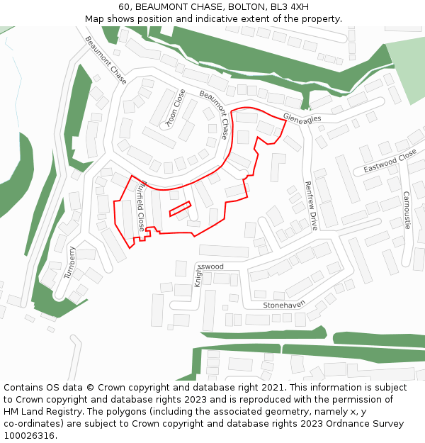 60, BEAUMONT CHASE, BOLTON, BL3 4XH: Location map and indicative extent of plot