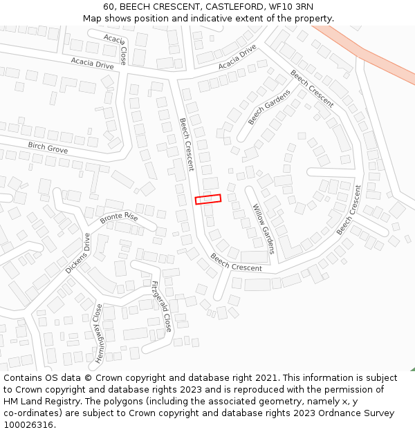 60, BEECH CRESCENT, CASTLEFORD, WF10 3RN: Location map and indicative extent of plot