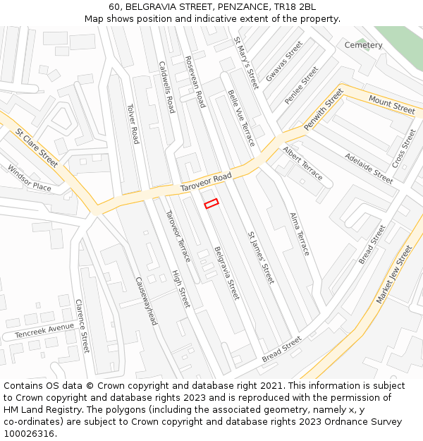 60, BELGRAVIA STREET, PENZANCE, TR18 2BL: Location map and indicative extent of plot