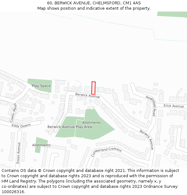 60, BERWICK AVENUE, CHELMSFORD, CM1 4AS: Location map and indicative extent of plot