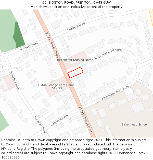 60, BIDSTON ROAD, PRENTON, CH43 6UW: Location map and indicative extent of plot