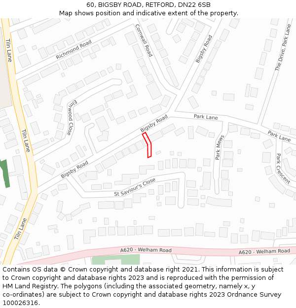 60, BIGSBY ROAD, RETFORD, DN22 6SB: Location map and indicative extent of plot