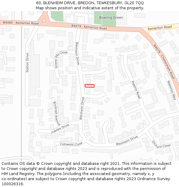 60, BLENHEIM DRIVE, BREDON, TEWKESBURY, GL20 7QQ: Location map and indicative extent of plot