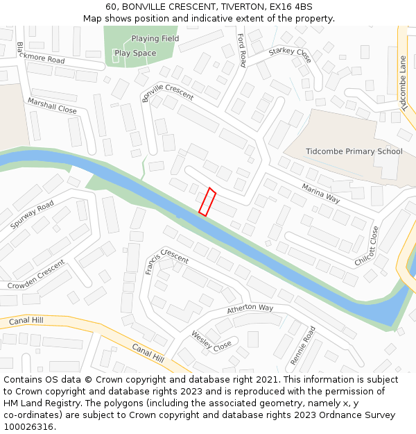 60, BONVILLE CRESCENT, TIVERTON, EX16 4BS: Location map and indicative extent of plot
