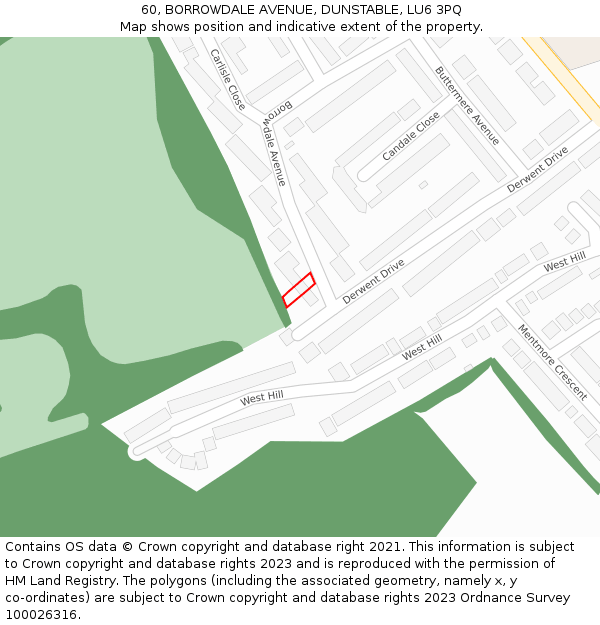60, BORROWDALE AVENUE, DUNSTABLE, LU6 3PQ: Location map and indicative extent of plot