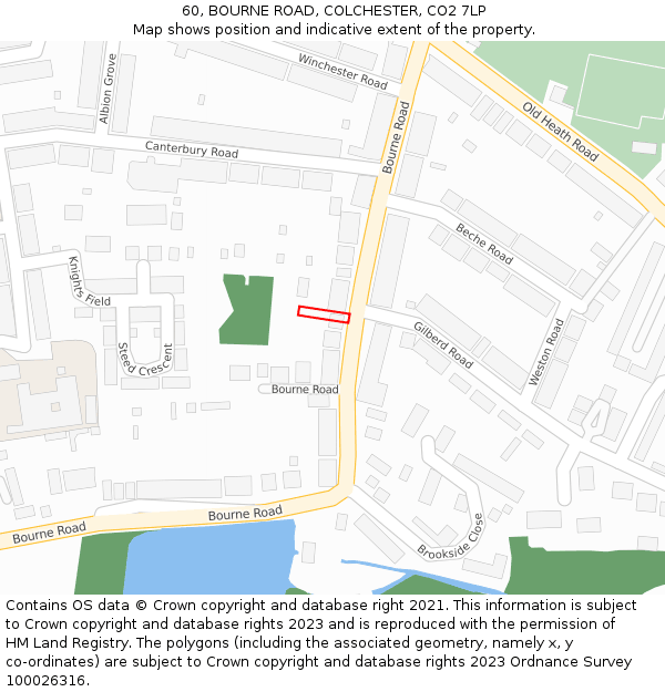 60, BOURNE ROAD, COLCHESTER, CO2 7LP: Location map and indicative extent of plot