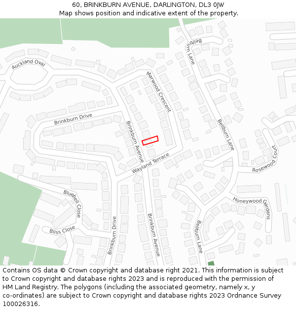 60, BRINKBURN AVENUE, DARLINGTON, DL3 0JW: Location map and indicative extent of plot