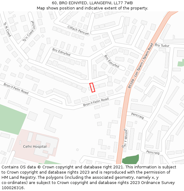 60, BRO EDNYFED, LLANGEFNI, LL77 7WB: Location map and indicative extent of plot