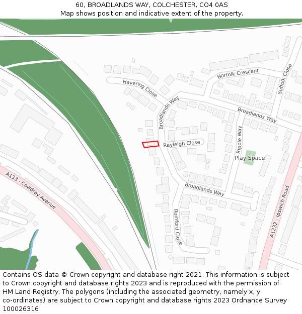 60, BROADLANDS WAY, COLCHESTER, CO4 0AS: Location map and indicative extent of plot