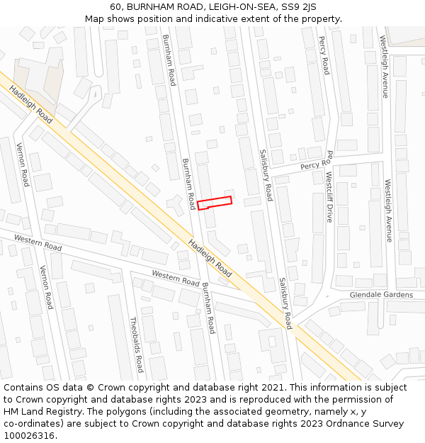 60, BURNHAM ROAD, LEIGH-ON-SEA, SS9 2JS: Location map and indicative extent of plot
