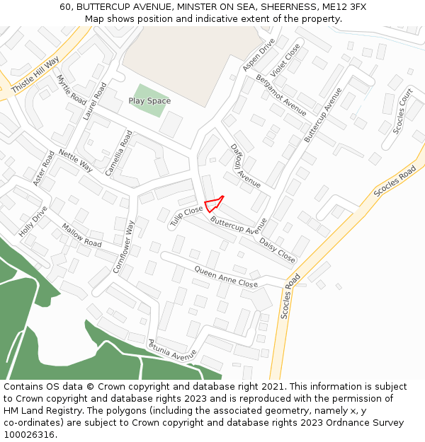 60, BUTTERCUP AVENUE, MINSTER ON SEA, SHEERNESS, ME12 3FX: Location map and indicative extent of plot