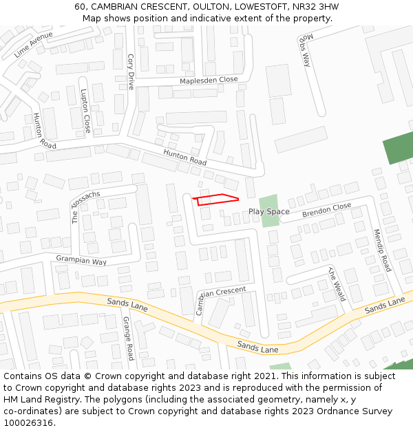 60, CAMBRIAN CRESCENT, OULTON, LOWESTOFT, NR32 3HW: Location map and indicative extent of plot