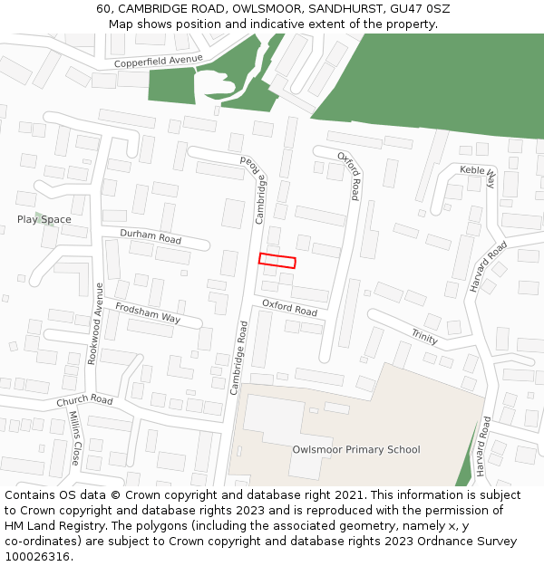 60, CAMBRIDGE ROAD, OWLSMOOR, SANDHURST, GU47 0SZ: Location map and indicative extent of plot