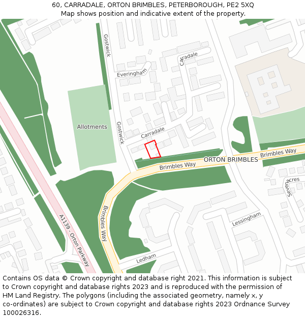 60, CARRADALE, ORTON BRIMBLES, PETERBOROUGH, PE2 5XQ: Location map and indicative extent of plot