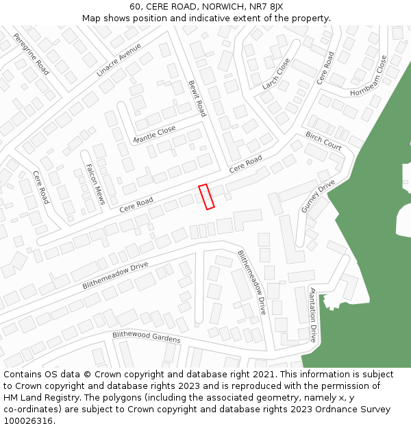 60, CERE ROAD, NORWICH, NR7 8JX: Location map and indicative extent of plot