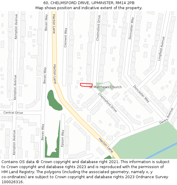 60, CHELMSFORD DRIVE, UPMINSTER, RM14 2PB: Location map and indicative extent of plot