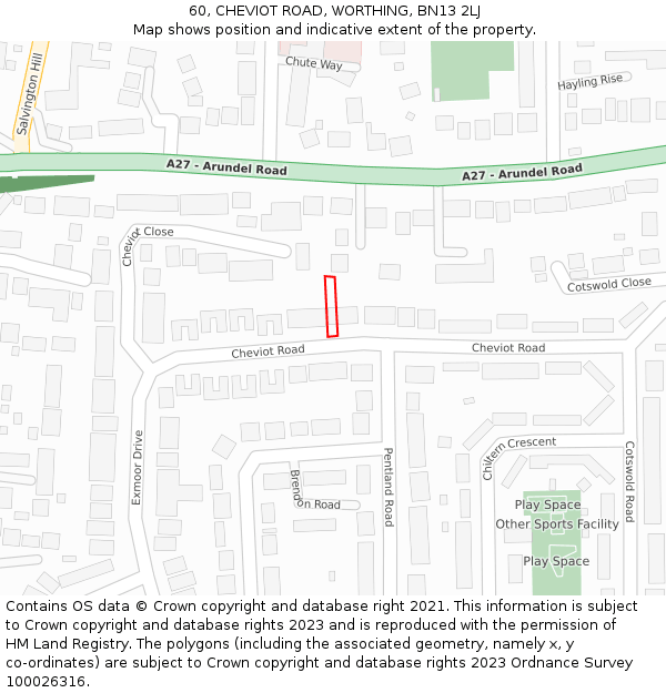 60, CHEVIOT ROAD, WORTHING, BN13 2LJ: Location map and indicative extent of plot