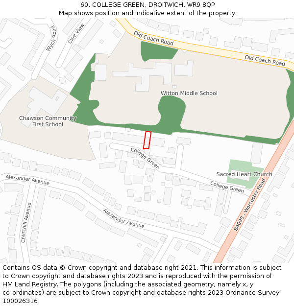 60, COLLEGE GREEN, DROITWICH, WR9 8QP: Location map and indicative extent of plot
