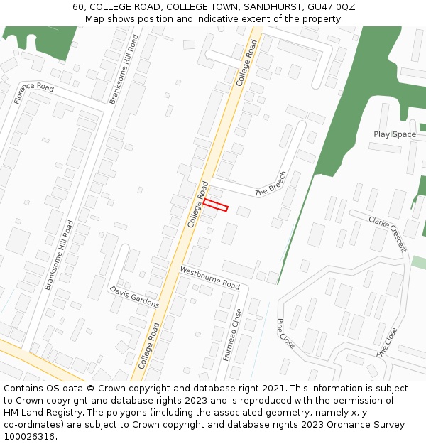 60, COLLEGE ROAD, COLLEGE TOWN, SANDHURST, GU47 0QZ: Location map and indicative extent of plot