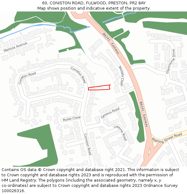 60, CONISTON ROAD, FULWOOD, PRESTON, PR2 8AY: Location map and indicative extent of plot
