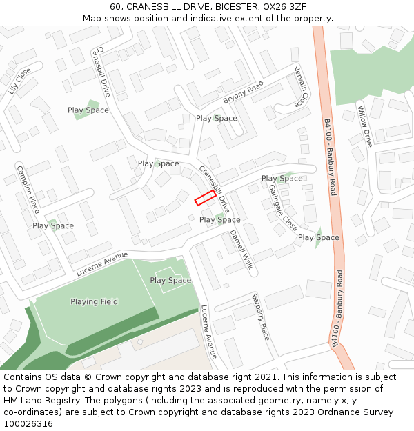 60, CRANESBILL DRIVE, BICESTER, OX26 3ZF: Location map and indicative extent of plot