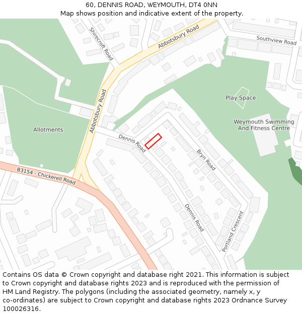 60, DENNIS ROAD, WEYMOUTH, DT4 0NN: Location map and indicative extent of plot