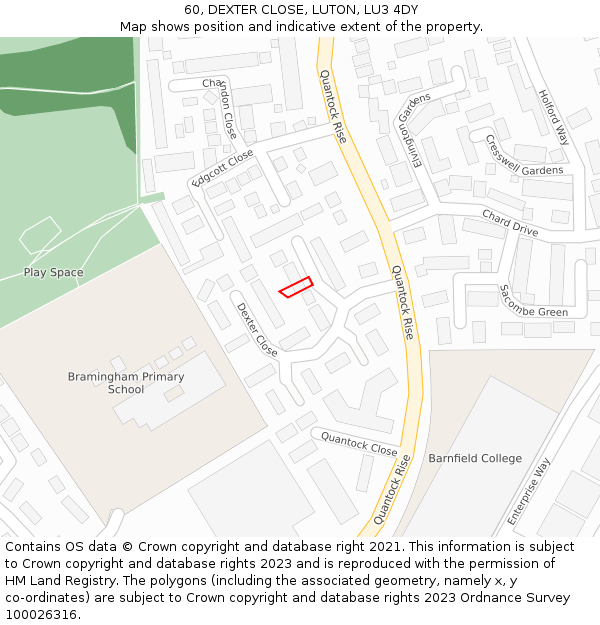 60, DEXTER CLOSE, LUTON, LU3 4DY: Location map and indicative extent of plot
