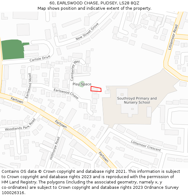 60, EARLSWOOD CHASE, PUDSEY, LS28 8QZ: Location map and indicative extent of plot