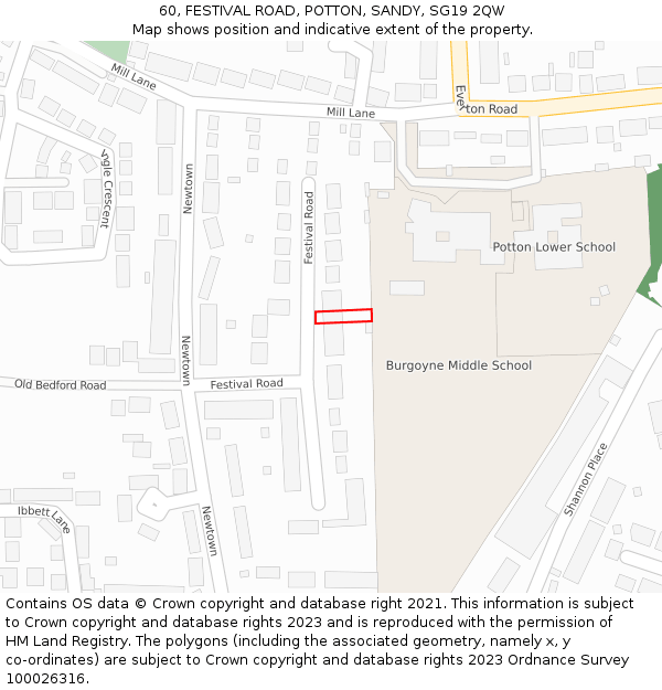 60, FESTIVAL ROAD, POTTON, SANDY, SG19 2QW: Location map and indicative extent of plot